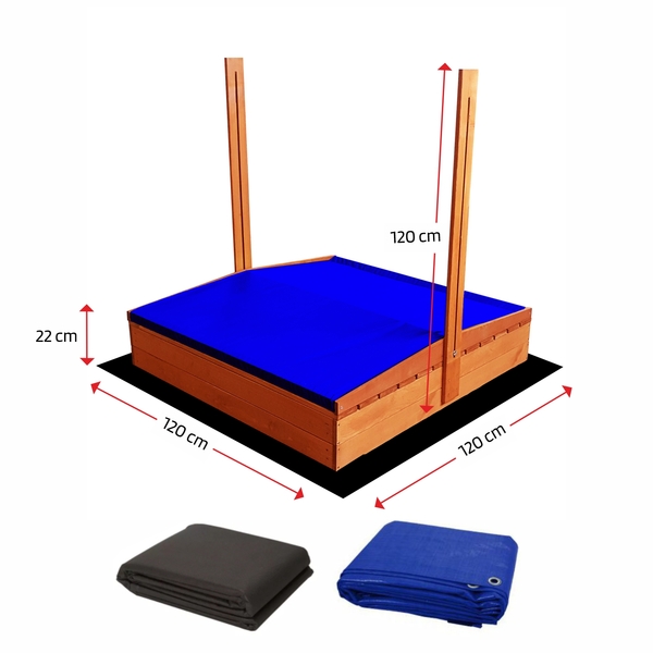 Wymiary piaskownicy 120×120 z niebieskim daszkiem