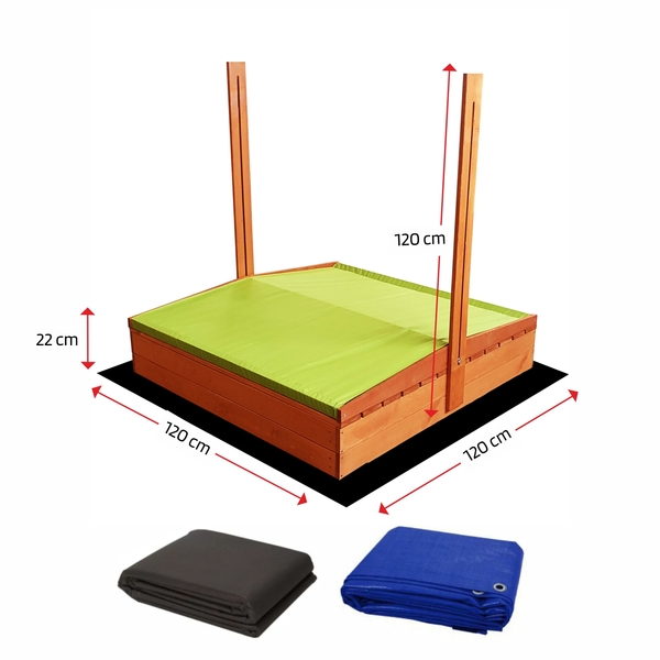 Wymiary piaskownicy 120×120 z zielonym daszkiem
